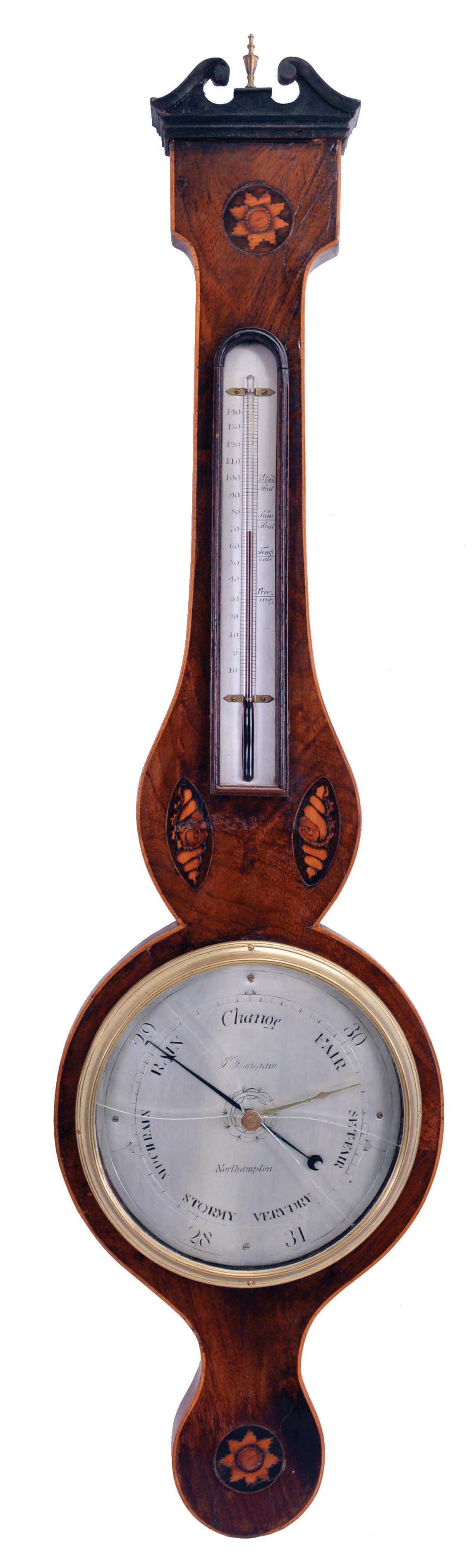 Barometers- 3 (Three) English Barometers: (1) English, banjo or wheel barometer signed "C. Marinone &amp; Bardoli" with inlayed mahogany case and mercury thermometer; (2) English, banjo or wheel barometer signed "J. Donegani, Northampton with alcohol thermometer with a book matched mahogany case with inlays; (3) English, banjo or wheel barometer with alcohol thermometer, hygrometer, and spirit level in walnut case. — Antique Clocks Price Guide