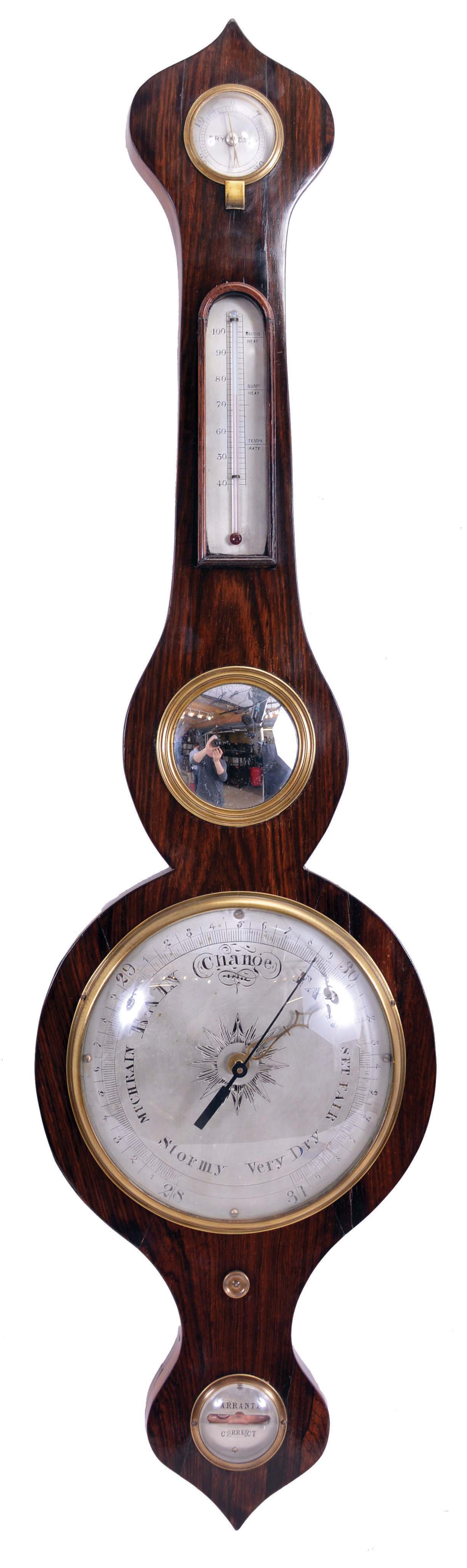 Unsigned English banjo or wheel barometer with thermometer, hygrometer, and spirit level in a rosewood veneer case. — Antique Clocks Price Guide