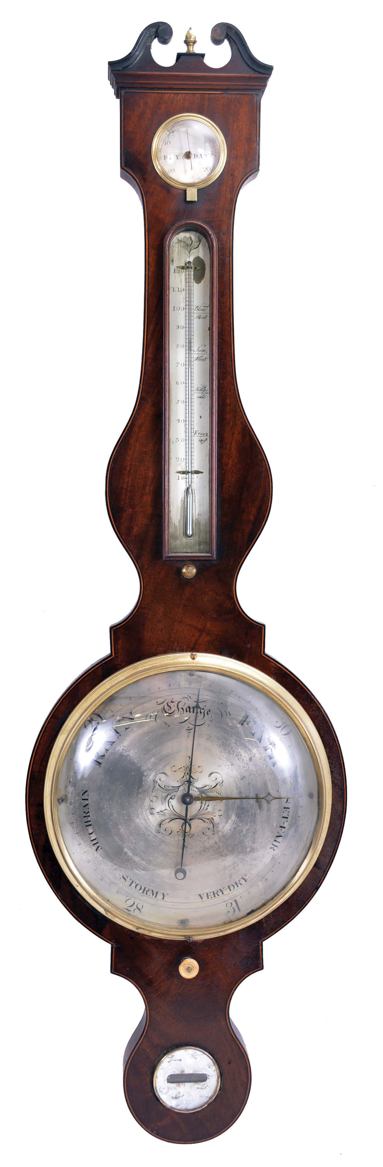 Barometers- 3 (Three) English Barometers: (1) English, banjo or wheel barometer with mercury thermometer, hygrometer, and spirit level in walnut case; (2) English, banjo or wheel barometer with thermometer scale, hygrometer, and spirit level and walnut case; (3) English, banjo or wheel barometer signed "I. Verga" with alcohol thermometer in a mahogany case with inlays. — Antique Clocks Price Guide
