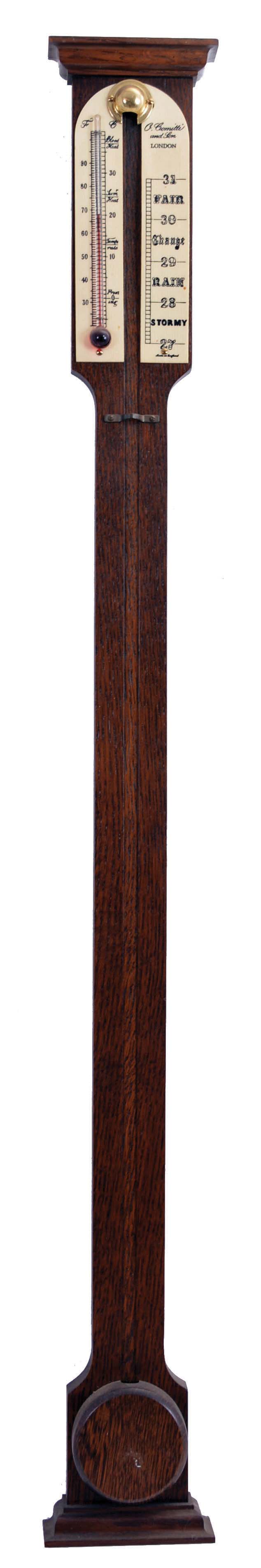 Barometers- 2 (Two) English Stick: (1) English, modern stick barometer with alcohol thermometer walnut case; (2) English, stick barometer signed "A. Galletti, Optician, Glasgow" with thermometer scale in walnut case. — Antique Clocks Price Guide