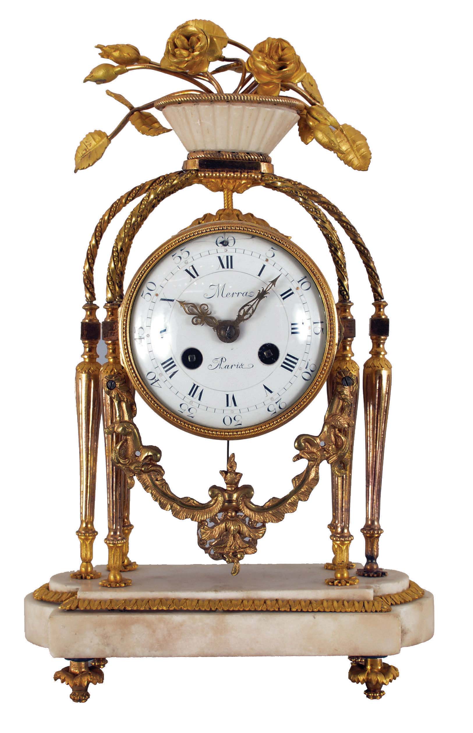 French: Merra, Paris, mantel clock, 8 day, time and strike, count wheel and bell movement with silk thread suspension by Vincenti &amp; Cie., Paris. White marble case with gilt hardware, fluted columns and twisted arched supports, the top with large gilt roses in bloom. Signed white porcelain dial with Roman numerals. — Antique Clocks Price Guide
