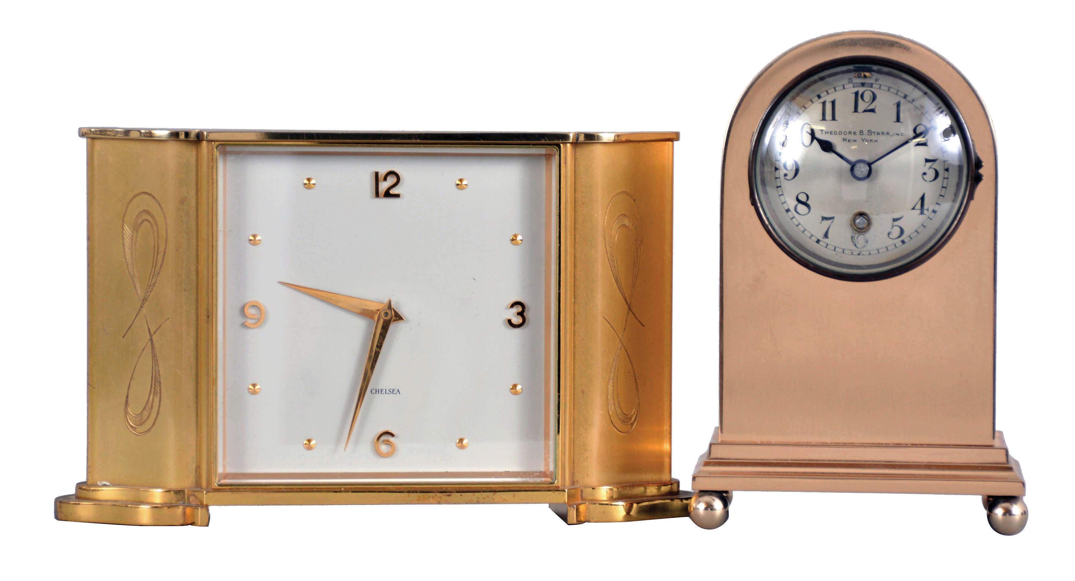 Clocks- 2 (Two): Both Chelsea, the first a "Doric" model, polished case on a molded base with ball feet, 2 1/2" silvered dial, signed "Theodore B. Starr Inc., New York", 8 day timepiece movement with lever escapement, serial #62988, the other a "Wisteria", gilt case with engraved decoration, silvered dial with Arabic numeral and dot markers, gilt dauphine hands, and 8 day timepiece movement with lever escapement, Wisteria dimensions listed — Antique Clocks Price Guide