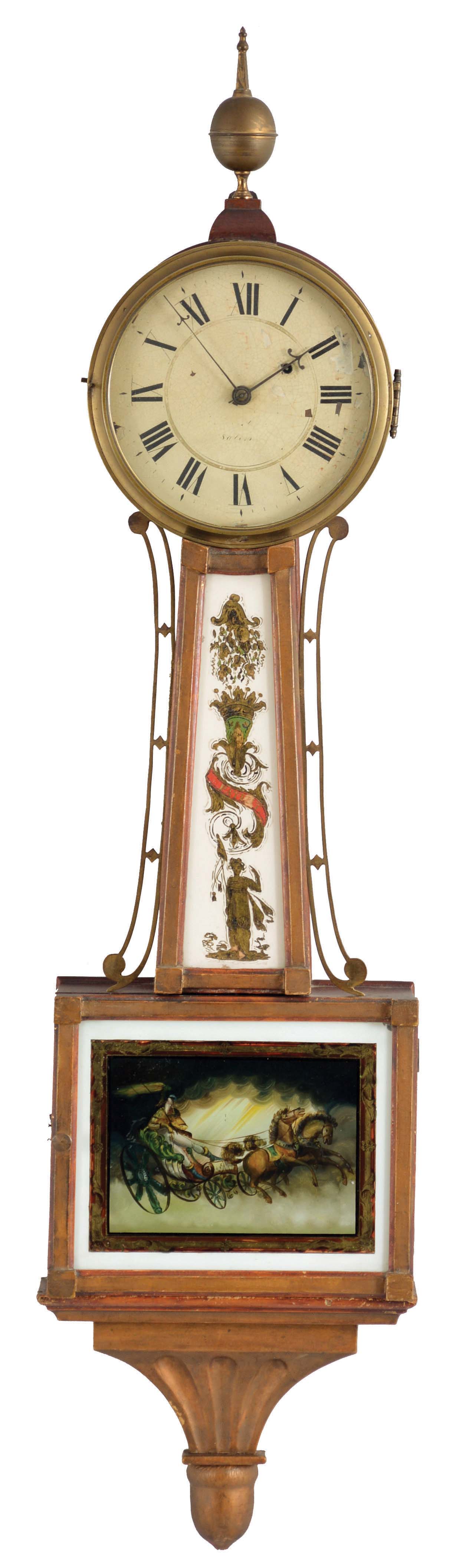Edmund Currier, Hopkinton, New Hampshire and Salem, Mass., Patent or banjo timepiece with 8 day, weight driven, brass movement. — Antique Clocks Price Guide