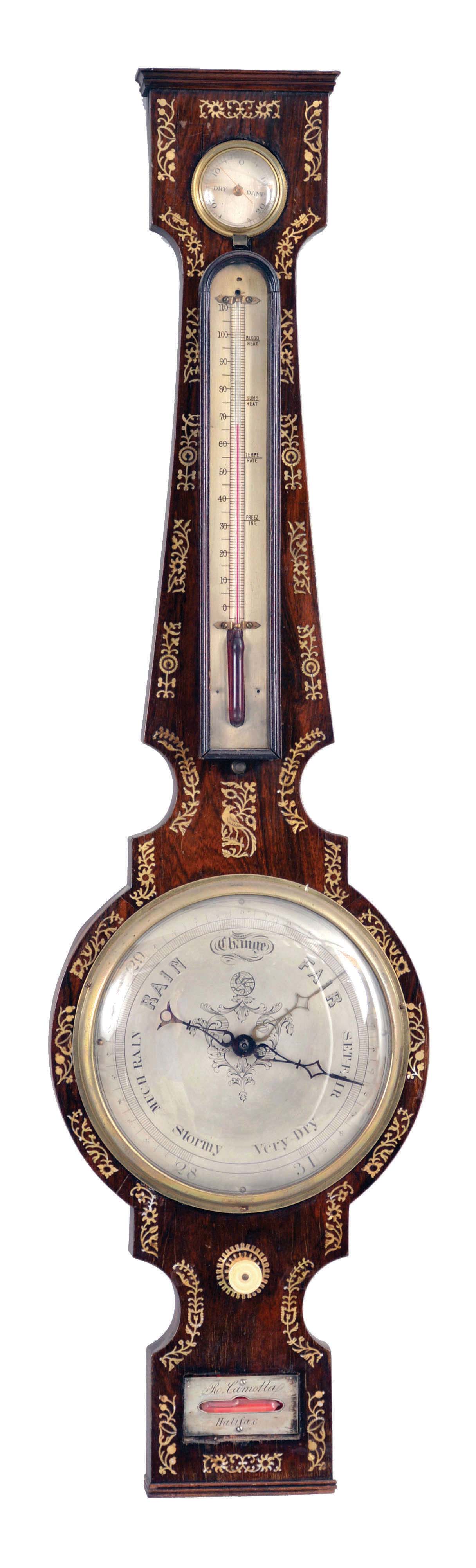 R. Camotta, Halifax wheel barometer with thermometer, hygrometer and level in inlaid mahogany case — Antique Clocks Price Guide