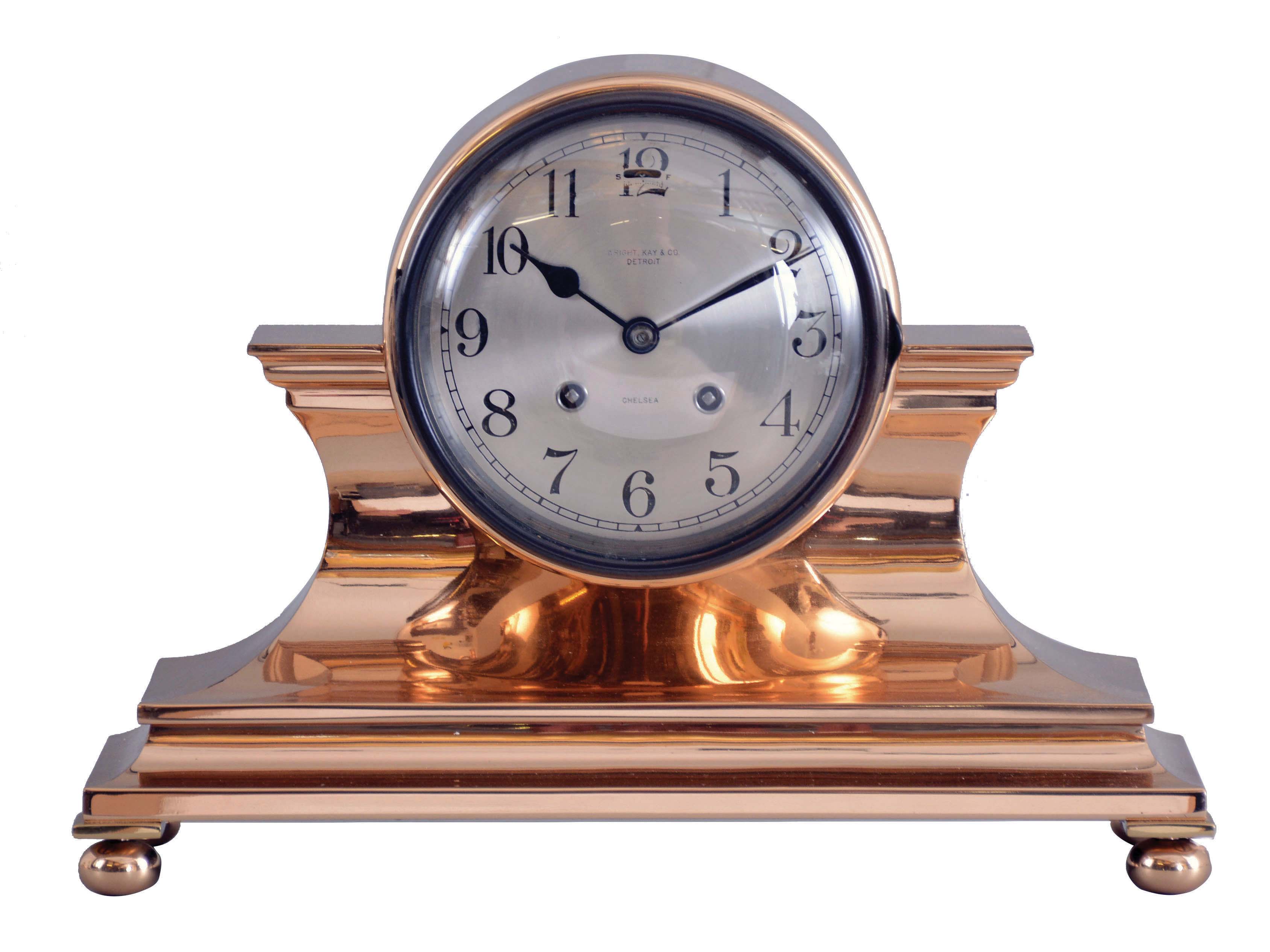 Chelsea Clock Co., Boston, Mass., "Tambour No. 1", bronze case with brass ball feet, 5" Arabic numeral silvered dial with patinated bezel, and marked "Wright, Kay &amp; Co., Detroit, blued steel hands, 8 day time and house strike movement with lever escapement, serial #163040 — Antique Clocks Price Guide