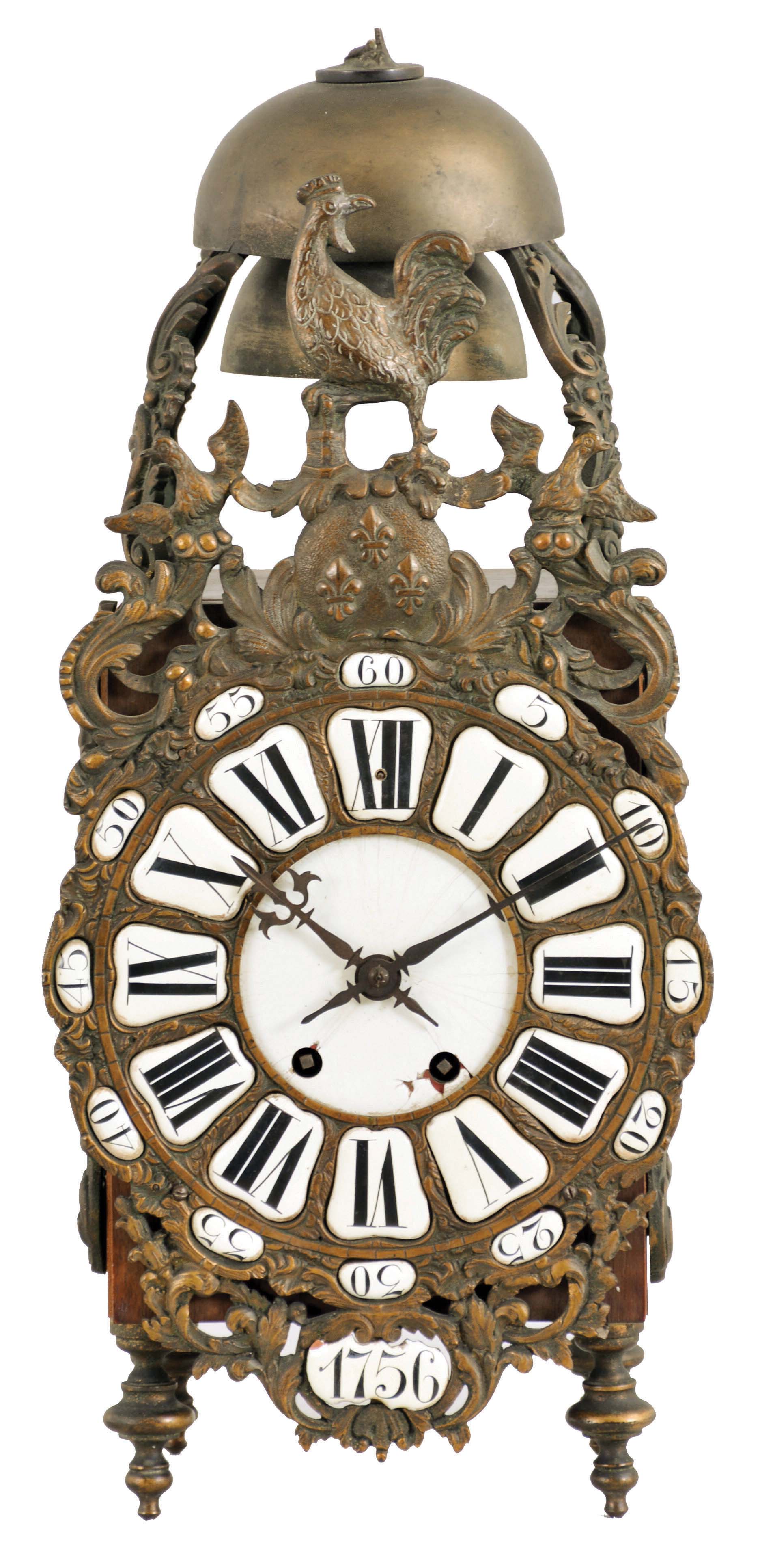 France, lantern clock, walnut case with ornate cast front incorporating the dial, side frets with rococo ornament, and top with fancy bell cage and two bells, surmounted by a rooster finial, Roman numeral white enamel cartouche dial with enamel center, blued steel hands, 8 day, time and strike movement with square plates — Antique Clocks Price Guide
