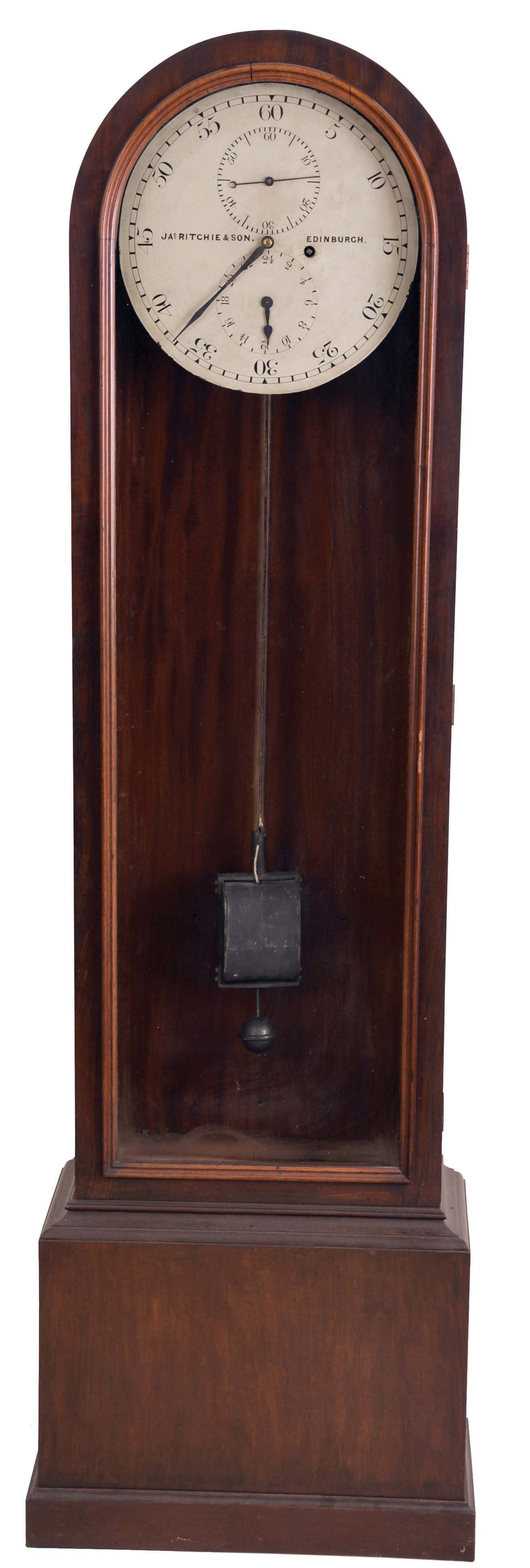 James Ritchie &amp; Son, Edinburgh, master regulator with astronomical dial, mahogany case with arch top, glazed door and molded base, Arabic numeral, white painted sheet iron dial, the hour hand rotating once in 24 hours, 8 day, spring powered brass movement with heavy, trapezoidal plates and pinwheel escapement, the escape wheel arbor with electrical contact, closing a circuit once every 60 seconds, pendulum with wooden rod, coil, and large, spherical rating nut, and suspended from a heavy cast iron bracket — Antique Clocks Price Guide