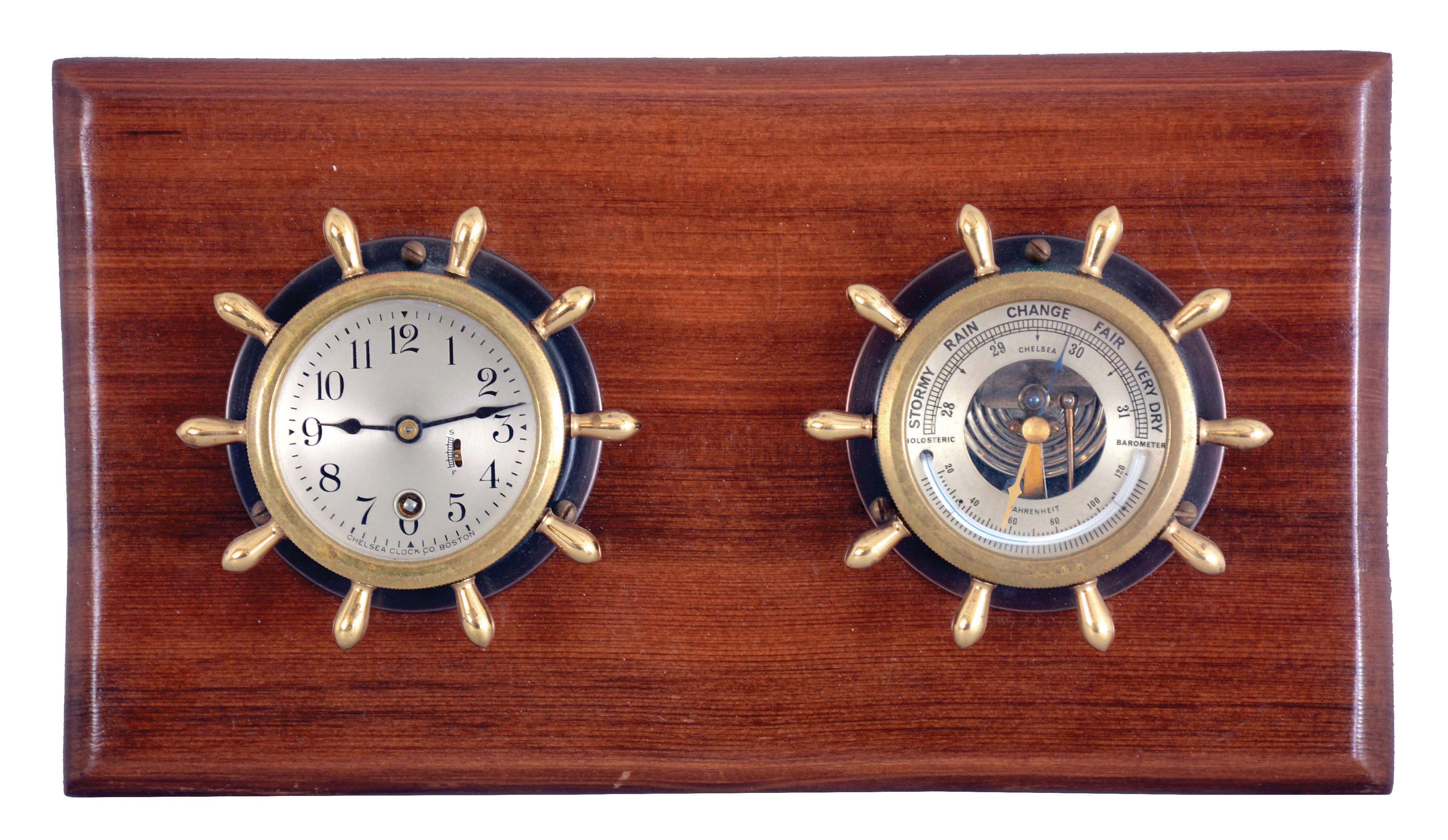 Chelsea Clock Co., Boston, Mass., "Manhattan" clock and barometer set, patinated bronze cases with mounting flanges, 2 3/4"" dials, blued steel hands, 8 day timepiece movement with lever escapement, and holosteric barometer with thermometer, serial #277463, now mounted to a wooden board for hanging — Antique Clocks Price Guide