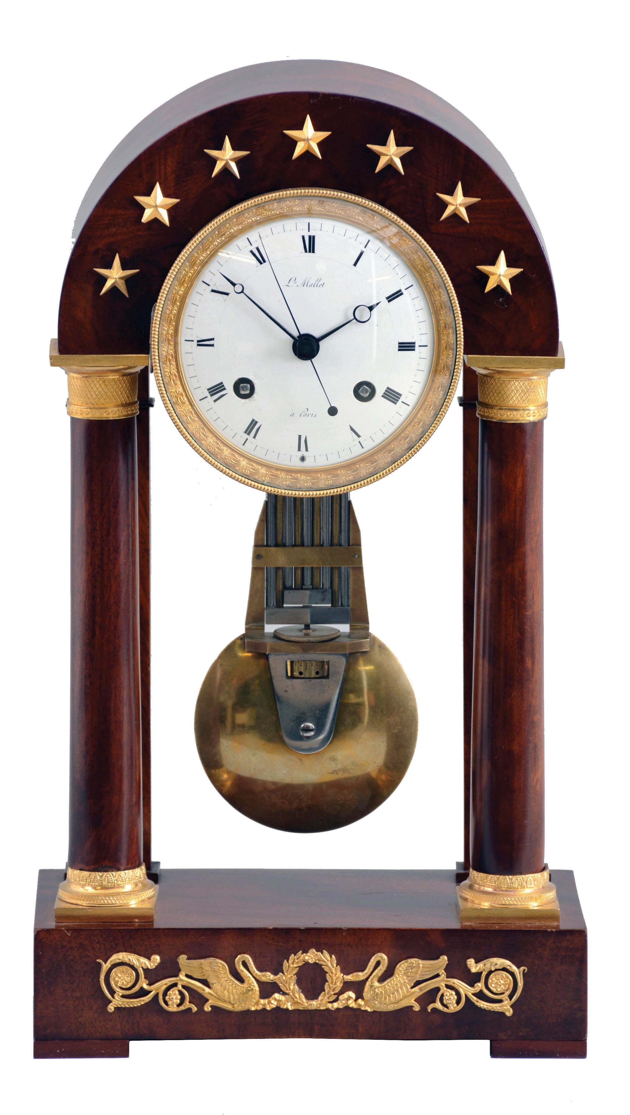 Ls. Mallet, a Paris, mantel or table regulator with center seconds, the polished, mahogany veneered oak case with gilt mounts, the base ornament with vines terminating in swans and flanking a central wreath, the column bases and capitals with crosshatch and leaf patterns, supporting the arch top with seven gilt stars above the decorative bezel, with Roman numeral, white enamel dial, blued steel Breguet style hands, large 8 day, time and strike movement contained in a protective, glazed cylinder, the movement with round plates, pinwheel escapement, and knife edge suspended, bimetallic gridiron pendulum beating half seconds — Antique Clocks Price Guide