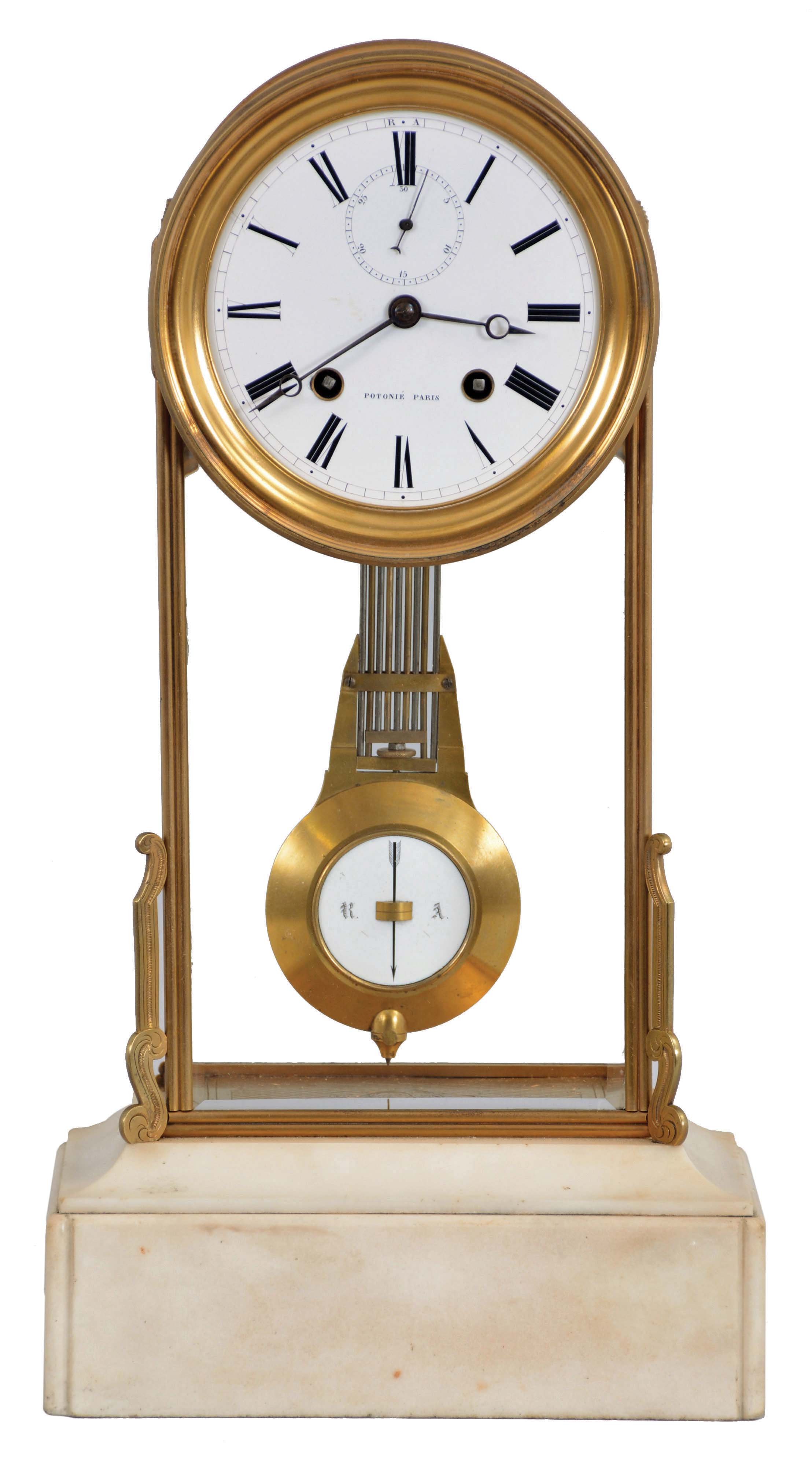 Potonie, Paris, mantel or table regulator, rectangular, white marble, molded base supporting the glazed, arch top case, top with acanthus leaf engraving, sides with trefoil ornamented parapet, and case "floor" with acanthus engraving on a crosshatched field, Roman numeral white enamel dial with seconds chapter below 12:00, blued steel Breguet style hands, 8 day, time and strike movement with square plates, marked "Mouv Surfin", "D. Pontonie &amp; Cie 8113 Paris", and "Horloger P. Bly" below the back cock, gilt, gridiron pendulum with white enamel insert — Antique Clocks Price Guide
