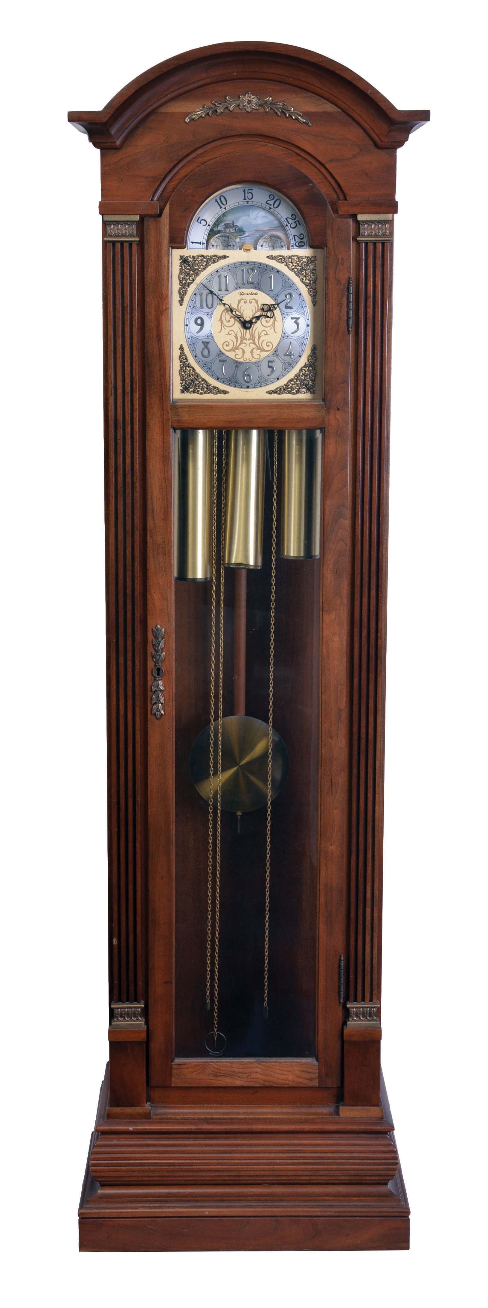Herschede Clock Co., Cincinnati, Ohio, tall clock, 8 day, time, strike and Westminster chime on four rod gongs, three train, weight driven movement in a cherry case with faux gilt and silvered dial — Antique Clocks Price Guide