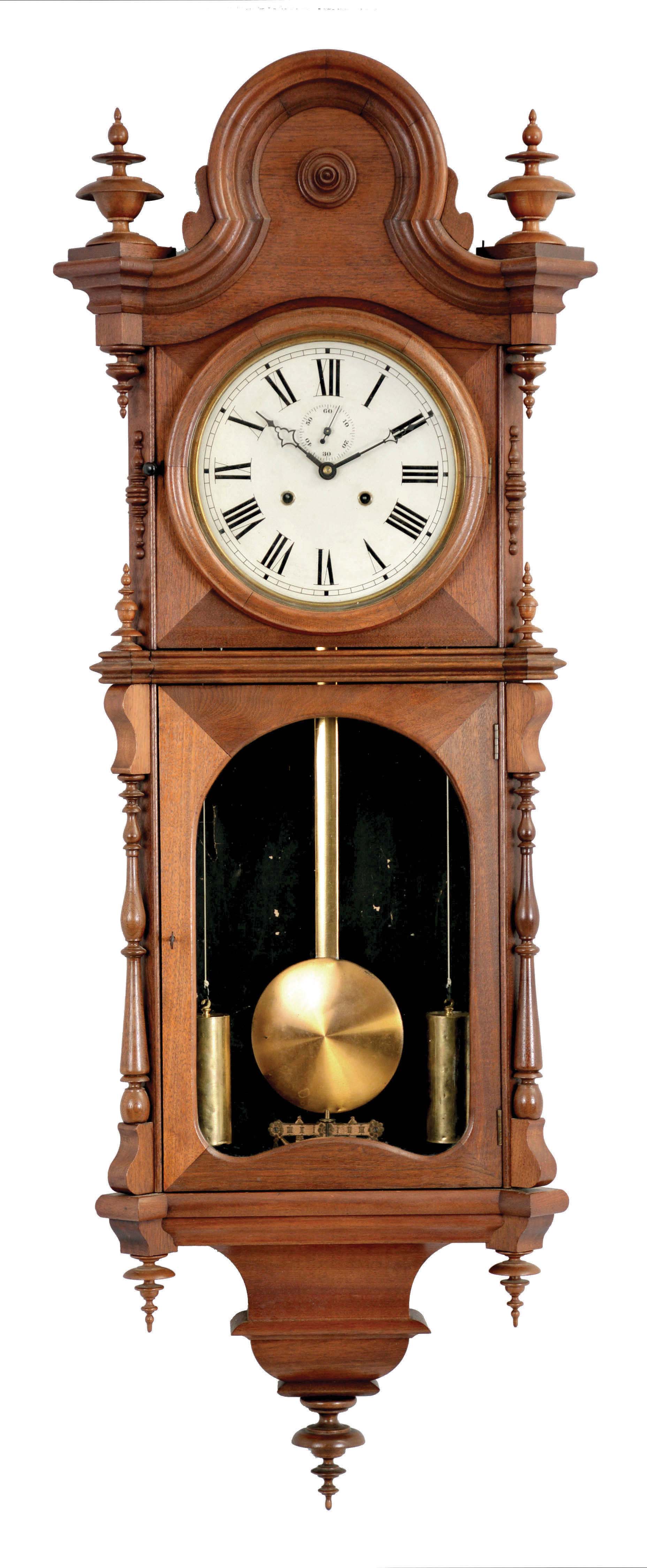 Welch, Spring &amp; Co., Forestville, Conn., "Regulator No. 5" wall hanging clock with a double weight driven timepiece movement in a walnut case. — Antique Clocks Price Guide