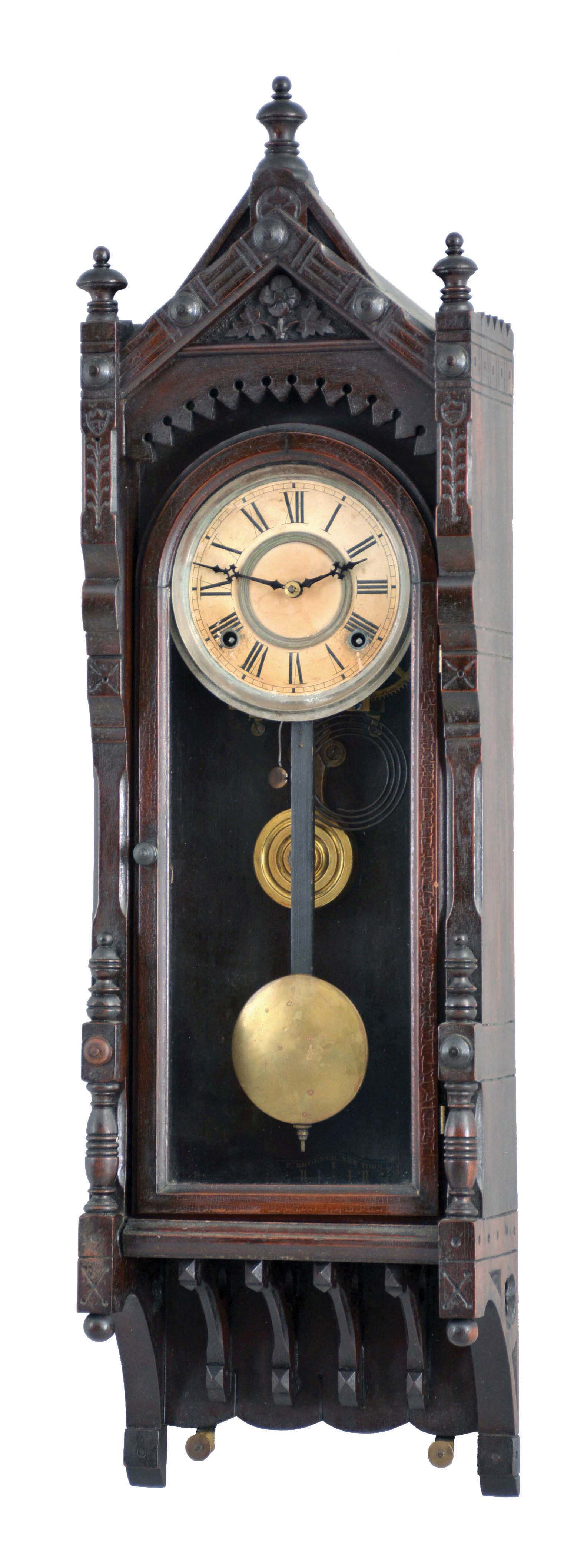 F. Kroeber, 14 Cortlandt St., New York, NY. "Regulator No. 46" wall hanging clock with a spring driven, 8 day, time and strike movement in a walnut case. — Antique Clocks Price Guide