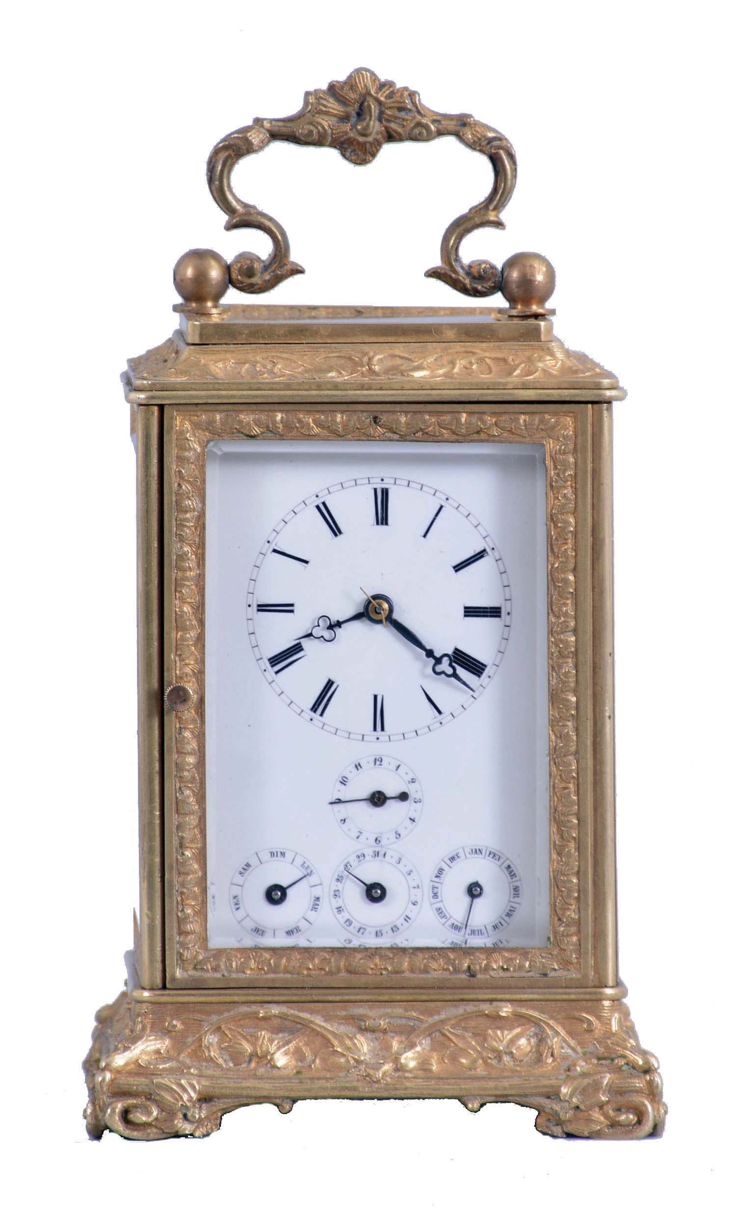 France, a mid 19th century striking carriage clock with alarm and semi perpetual calendar, the gilt, glazed case ornamented with trailing vines and leaves, the side panels of one piece construction with the glasses retained by inner frames, Roman numeral white enamel dial with subsidiary displays for the alarm, month, day, and date, blued steel trefoil hands, 8 day, time and strike movement with lever platform and calendar, with automatic correction for months with less than 31 days, sounding the hour and half hour in passing — Antique Clocks Price Guide