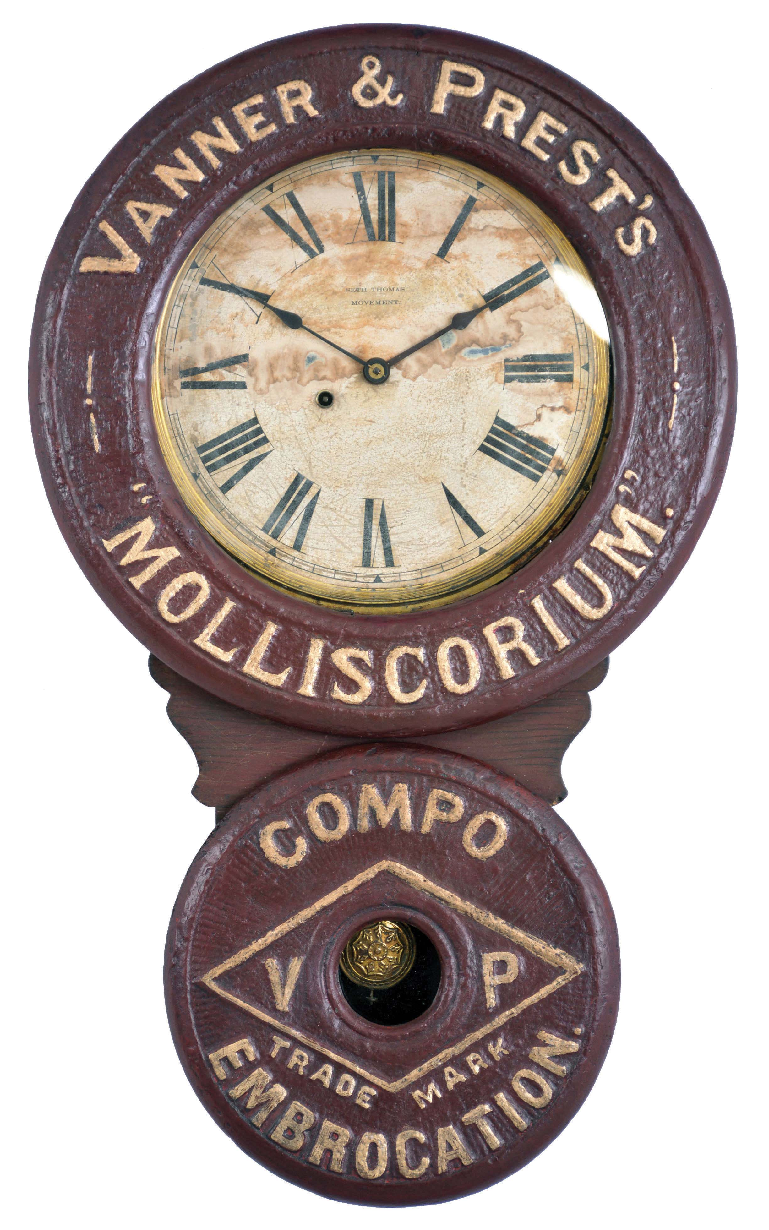 Baird Clock Co., Plattsburgh, New York, "Vanner &amp; Prest's Molliscorium", 8 day, spring driven movement (Seth Thomas) advertising wall timepiece in a wood and paper mache case. — Antique Clocks Price Guide