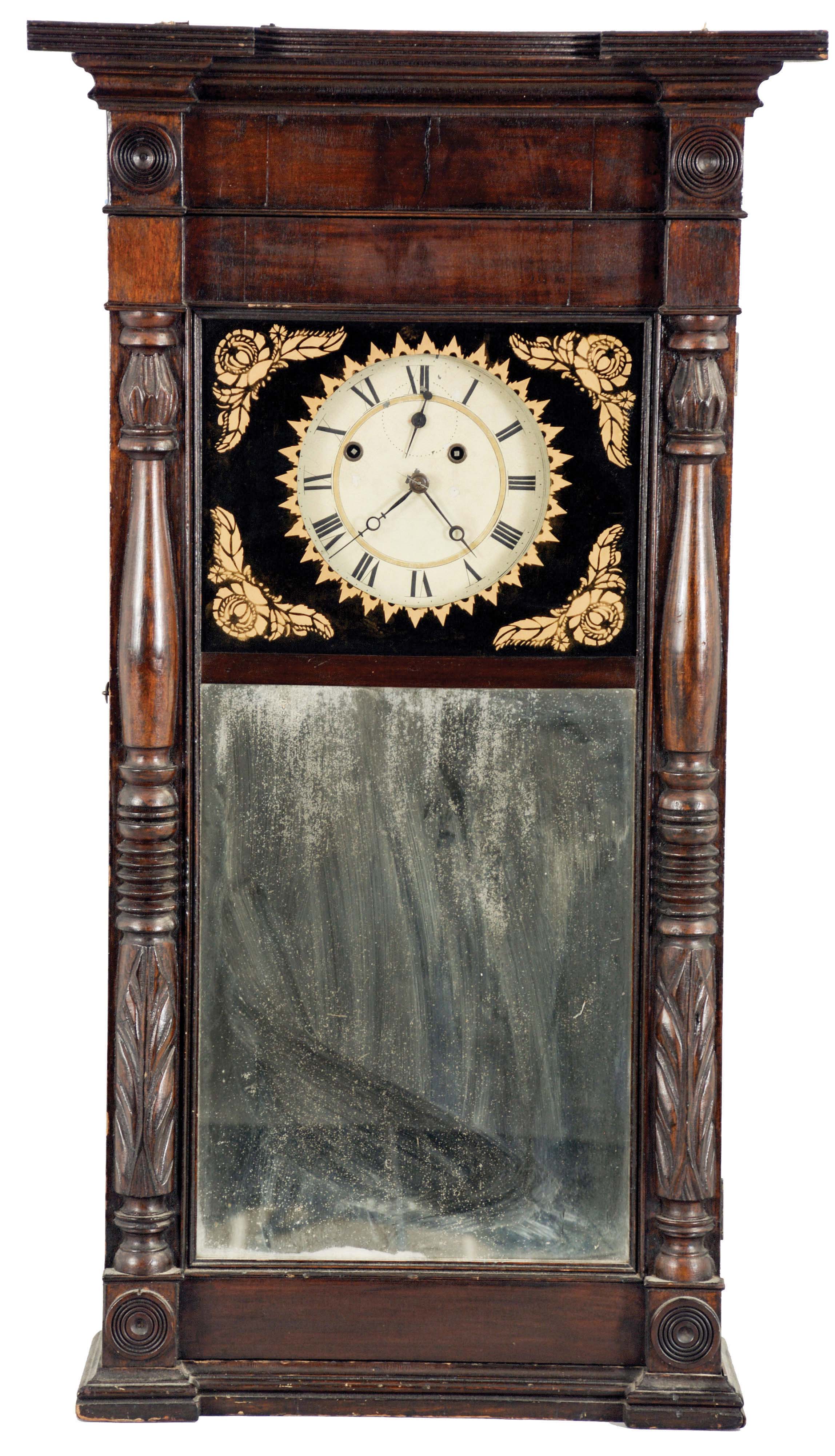 Munger &amp; Benedict, Auburn, New York, 8 day, time and strike, weight driven brass movement, Empire "ironing board top" shelf clock. — Antique Clocks Price Guide