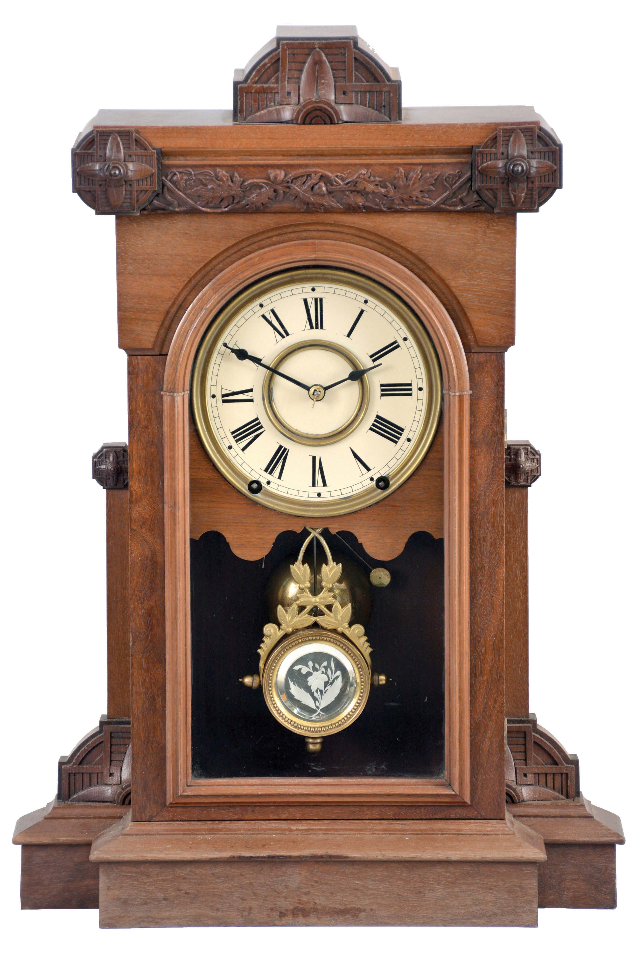 Seth Thomas Clock Co., Thomaston, Conn., "Pittsburgh - VP" shelf clock with a spring driven, 8 day, time and strike movement in a walnut case. — Antique Clocks Price Guide