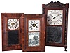 Clocks- 3 (Three): (1) E. Terry & Sons, Plymouth, Conn. 30 hour, time and strike weight wood movement half column & splat shelf clock, c1828; (2) Wells, Forbes, Bristol, New Hampshire, 30 hour, time, strike and alarm weight wood movement bevel case shelf clock, c1842; (3) George Marsh, Winchester, Conn., 30 hour, time, strike and alarm weight driven, brass movement OG shelf clock, c1850