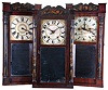 Clocks- 3 (Three): (1) Orrin Hart, Bristol, Conn., 30 hour, time and strike weight "groaner" wood movement half column & splat shelf clock, c1830; (2) Jeromes & Darrow, Bristol, Conn., 30 hour, time and strike weight wood movement half column & splat shelf clock, c1830; (3) Unknown, Bristol, Conn., 30 hour, time and strike weight wood movement half column & splat shelf clock, c1830