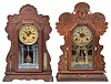 Clocks- 2 (Two) American Gingerbread shelf with calendar in oak: (1) Ansonia "Antler" with barometer and thermometer; (2) E. Ingraham unknown model with barometer