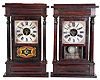 Clocks- 2 (Two): (1) Townsend, 23 John St., New York, 4 Column shelf clock with a 30 hour weight driven time and strike movement (Terry & Andrews, Bristol, Conn.) in a NY Style case of mahogany and rosewood veneer, c1845; (2) Sperry & Shaw, 10 Courtlandt St., New York, 4 Column shelf clock with a 30 hour weight driven movement in a NY style case of rosewood veneer and grain painted columns, c1845.