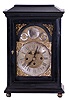 Clocks- 2 (Two): The first an ebonized, three train Austrian bracket clock with mock pendulum, Joseph Kamlosy, ebonized rectilinear case on brass ball feet, composite dial with Roman numeral, arcaded chapter ring, brass movement with verge escapement, striking the full quarters on two bells, c1785, the other possibly Swiss, rosewood case with painted decoration and brass trim, Roman numeral white enamel dial, unusual brass fusee timepiece movement with pinwheel escapement employing a steel cylinder from which the pallets are formed, c1800, bracket clock dimensions given