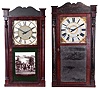 Clocks- 2 (Two): (1) Jeromes & Darrow, Bristol, Conn., 30 hour, time and strike weight wood movement half column & splat shelf clock, c1830; (2) Daniel Pratt, Jr., Reading, Mass., 30 hour, time and strike weight wood movement half clock and splat shelf clock, c1838