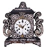 Europe, 18th century, bracket or shelf clock with cow tail pendulum, ebonized wooden case with applied moldings and laden with leaf and scroll, repousse silver ornaments, and case sides with applied scroll ornaments Roman numeral white enamel dial with raised chapter and concave center, fancy pierced and engraved brass hands, brass time and strike movement probably of two day duration, with verge escapement, and engraved, star shaped pendulum swinging in front of the dial