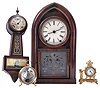 Clocks- 4 (Four): (1) Brewster & Ingrahams, Bristol, Conn., "beehive", 8 day, time and strike with etched glass tablet; (2) New Haven "Winetka" miniature banjo; (3) New Haven figural desk clock; (4) Bulova musical alarm, c1975