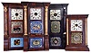 Clocks- 4 (Four) (1) Wm. L. Gilbert & Co., Winsted, Conn. Cornice and Column shelf clock with a weight driven 8 day, time and strike movement in a rosewood veneered case, c1865; (2) New Haven Clock Co., New Haven, Conn. Cornice and Column shelf clock with a weight driven 30 hour time and strike movement in a rosewood veneered case with gilt columns, c. 1865; (3) Wm. L. Gilbert & Co., Winsted, Conn. Cornice and Column shelf clock with a weight driven 8 day, time and strike movement in a rosewood veneered case, c1865; (4) Seth Thomas, Plymouth Hollow, Conn. Cornice and Column shelf clock with a weight driven 8 day time, strike and alarm movement in a rosewood veneered case, c1860.
