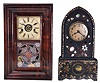 Clocks- 2 (Two): (1) American iron cased shelf clock with gold ornamentation on a japanned base and mother of pearl inlay with an 8 day spring driven time and strike movement by Miles Morse, Jr., Plymouth Hollow, Conn., c1852; (2) Elisha Manross, Bristol, Conn miniature OOG shelf clock with a 30 hour spring driven time, strike and alarm movement in a rosewood veneered case with a Wm. B. Fenn tablet, c1845.
