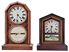 Clocks- 2 (Two): (1) Seth Thomas Clock Co., Thomaston, Conn., "Victoria" shelf clock with an 8 day spring driven time and strike movement in a rosewood veneered case. c 1879; (2) Seth Thomas Clock Co., Thomaston, Conn., "Parlor Calendar No. 5" shelf clock with an 8 day spring driven time and strike movement and R. T Andrews perpetual calendar mechanism in a walnut case, c1896