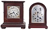 Clocks- 3 (Three) German Bracket: (1) German for Kents' Limited, Toronto, bracket clock, 8 day, time & Westminster chime in round top mahogany case with subsidiary indicators for chime and fast/slow adjustment, c1910; (2) German, bracket clock, 8 day, time & Westminster chime playing on coiled gongs by a second spring driven movement in an oak case, c1910; (3) German, carriage clock, 8 day time only movement with enamel cartouche numerals in the style of a late 16th century clock.