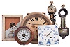 Clocks- 15 (Fifteen) and 5 (Five) case only, all wall hanging: 8 (Eight) short drop octagon including a New Haven with rosewood veneer, Ansonia "Regulator A", Russel & Jones, Pittsfield, Mass. (successors to Terry Clock Co.) hanging gingerbread in oak with alarm, New Haven marine octagon, partial banjo case with Waltham movement also including three banjo case only, miniature banjo case only and a gallery clock case only