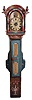 Germany, dwarf tall clock, 30 hour, time, strike and alarm weight driven wooden plate movement, signed on the reverse in old German script, in a paint decorated case, signed "Johan Bratenberger" over a vase full of flowers with undecipherable initials on trunk door, is decorated with a robin, and floral decorations on either side of hood. The case has decorated wings to accommodate pendulum swing. The paint decorated wooden dial has a religious scene in arch.