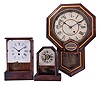 Clocks- 3 (Three): (1) Seth Thomas Clock Co., Thomaston, Conn., 8 day, spring driven movement drop octagon wall timepiece, c1910; (2) E. N. Welch Mfg. Co., Forestville, Conn., 30 hour, spring driven movement cottage timepiece, c1850; (3) Seth Thomas Clock Co., Thomaston, Conn., 30 hour, spring driven movement cottage timepiece, c1870
