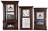 Clocks- 3 (Three): (1) Jonathan Frost, Reading, Mass., 30 hour, time and strike weight wood movement OG side and cornice top shelf clock, c1830; (2) Jerome & Co. (New Haven Clock Co.), New Haven, Conn., 30 hour, time and strike, weight driven brass movement column clock, c1865; (3) Birge, Peck & Co., Bristol, Conn., 8 day, time and strike, weight driven brass movement column & cornice shelf clock, c1850