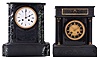 Clocks- 2 (Two) French mantel clocks, count wheel and bell time and strike, 8 day, spring driven, black marble cases, porcelain and stone dials one signed "A. Joigny" and the other signed "Gve. Rey, Paris".