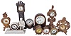 Clocks- 10 (Ten) novelty clocks including 3 (Three) Waterbury round desk clocks with glass sides; wood case French clock with time only balance wheel movement; miniature cast tall clock signed by Jennings Brothers on the dial; small figural clock with a dog and boy; keyless car clock signed by Phinney-Walker Co.
