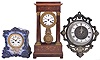 Clocks- 3 (Three) French time and strike clocks: (1) porcelain case with Marti count wheel and bell striking movement; (2) wood case portico clock marquetry and detailed case bezel and pendulum with bell striking movement and white enamel dial both; (3) cast iron wall clock with Japy Freres movement which strikes on a gong.