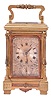 France, hour repeating carriage clock with alarm, glazed, ornate "pillars" style variant case, Roman numeral silver dial with subsidiary alarm chapter, decorated with engine turning and foliate engraving, blued steel distaff style hands, 8 day movement with lever platform, striking the hour and half hour in passing, and repeating the last hour on demand