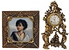 Pearl necklace, double strand, 21", with 14 karat gold clasp, together with a pin/ pendant, silver gilt filigree frame set with a portrait on porcelain by G.T.E. Richter, and a watch brooch, in the rococo style, pin/ pendant dimensions listed