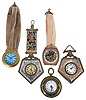 Clocks- 5 (Five): All hanging, four 8 day chatelaine style with decorative dials and hangers, the other with gilt brass case, white enamel dial, and 8 day timepiece movement with cylinder platform