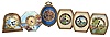 Clocks- 6 (Six): Four 8 day by Waltham with landscape painted dials and easel backs, a "Quintonware" with polychrome enamel decoration and easel back, and a hanging clock, gilt oval case, dial with painted scene including six putto, 8 day timepiece movement, all 20th century, oval clock dimensions listed