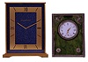 Clocks- 2 (Two): Jaeger - LeCoultre, Switzerland, desk clock with rectangular gilt case, Roman numeral faux lapis lazuli dial, gold baton hands, 8 day timepiece movement, together with a silver mounted green agate desk clock with Roman numeral white enamel dial and 30 hour timepiece movement, both 20th century, LeCoultre measurements listed