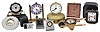 Clocks- 10 (Ten): including a "Tiffany & Co." travel alarm with outer case, an "Oberon" with wheelbarrow form case, a "LeCoultre" travel alarm with folding case, a "Sheffield" travel alarm with outer case, a "Stowa" travel alarm with outer case, two folding purse watches, and others