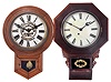 Clocks- 2 (Two): (1) Atkins Clock Co., Bristol, Conn., "Drop Octagon" wall clock with an 8 day spring driven time only movement in a rosewood veneered case, c1865; (2) Waterbury Clock Co., Waterbury, Conn., "Round Head Drop" wall clock with an 8 day spring driven time only movement in an oak case, c1912.