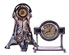 Clocks- 2 (Two): (1) German, the polished pewter, art nouveau style case with figure of Chronos with his hourglass and scythe and 8 day Junghans timepiece movement, (2) Arts and crafts style, with hammered and cast Sheffield plate case, Arabic numeral metal dial, and French 8 day timepiece movement