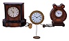 Clocks- 3 (Three): (1) signed "Examined by Dent", lyre form mahogany case with leaf and patera inlay, Roman numeral white enamel dial, French 8 day timepiece movement with platform escapement; (2) an Austrian hook and spike wall clock, gilt bezel with foliate ornament, Roman numeral white enamel dial, and ornamental weight; (3) a small shelf or table clock, walnut veneer case with ebonized moldings, Roman numeral paper dial, 8 day timepiece movement