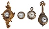 Clocks- 4 (Four): (1) a miniature cartel clock, rococo style gilt brass case, Roman numeral white enamel dial, 8 day timepiece movement; (2) a chatelaine style clock, gilt brass case, Arabic numeral white enamel dial, 8 day timepiece movement with cylinder platform; (3) a small, hanging or desk clock, turned brass case, Roman numeral white enamel dial with date display, 30 hour timepiece movement; (4) a small, hanging clock, turned white marble case with gilt mounts, Arabic numeral dial, and 8 day timepiece movement, dimensions of cartel style listed